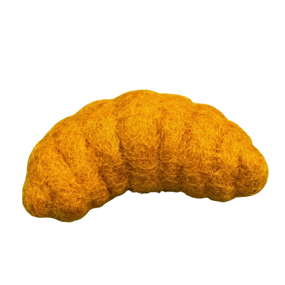 Croissant-shaped cat toy made from felted fibers, golden brown in color, designed for interactive play and sprayed with catnip.