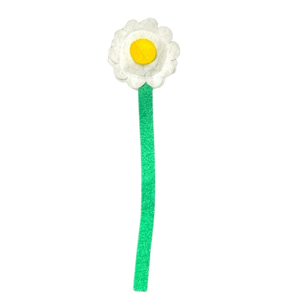 White felt daisy catnip cat toy with yellow center and green stem designed for interactive indoor play.