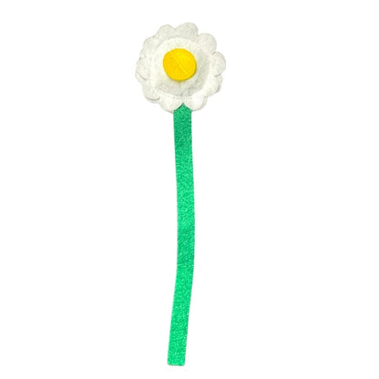 White felt daisy catnip cat toy with yellow center and green stem designed for interactive indoor play.