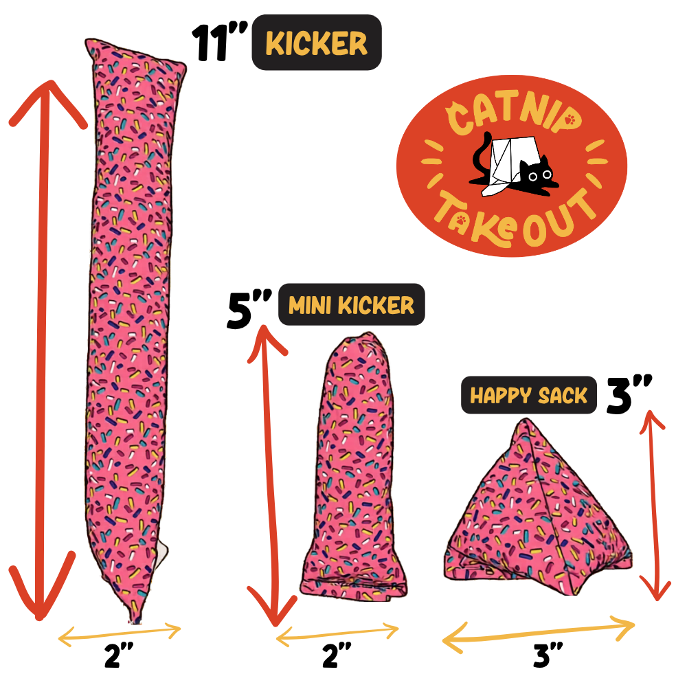 Donut cat toy size guide showing Kicker Mini Kicker and Happy Sack with labeled shape comparison
