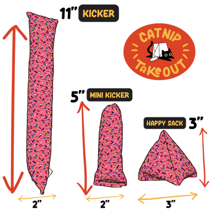 Donut cat toy size guide showing Kicker Mini Kicker and Happy Sack with labeled shape comparison