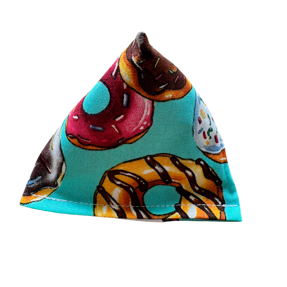 Blue donut cat toy Happy Sack with assorted donut pattern shown upright for swat and toss play