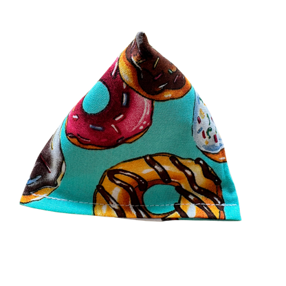 Blue donut cat toy Happy Sack with assorted donut pattern shown upright for swat and toss play