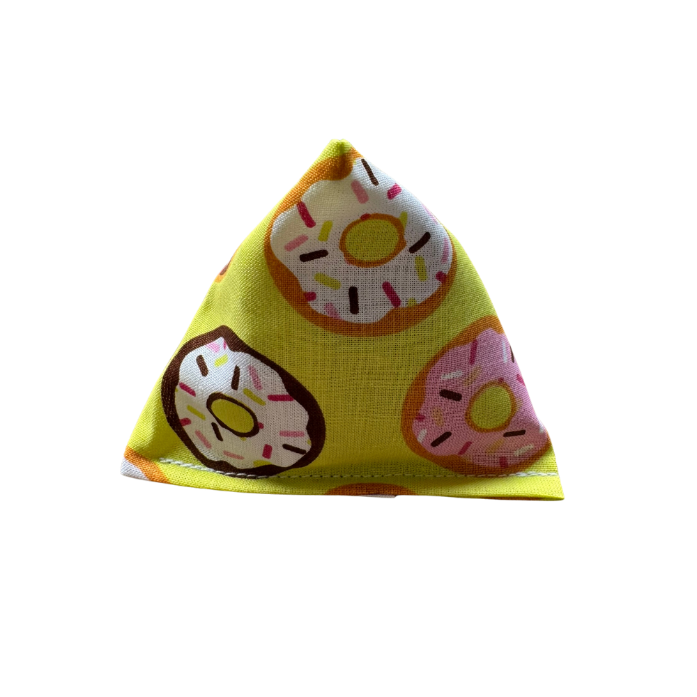 Yellow donut cat toy Happy Sack with frosted donut pattern shown upright for batting and pounce play