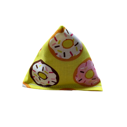 Yellow donut cat toy Happy Sack with frosted donut pattern shown upright for batting and pounce play