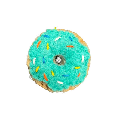 Bright blue donut cat toy wool with sprinkles - best cat toy for bored indoor cats