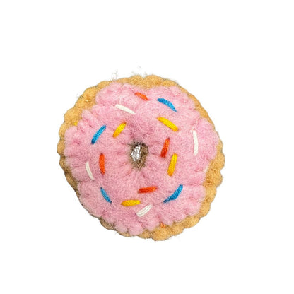 Pink donut cat toy wool with sprinkles - great interactive cat toy for batting and tossing