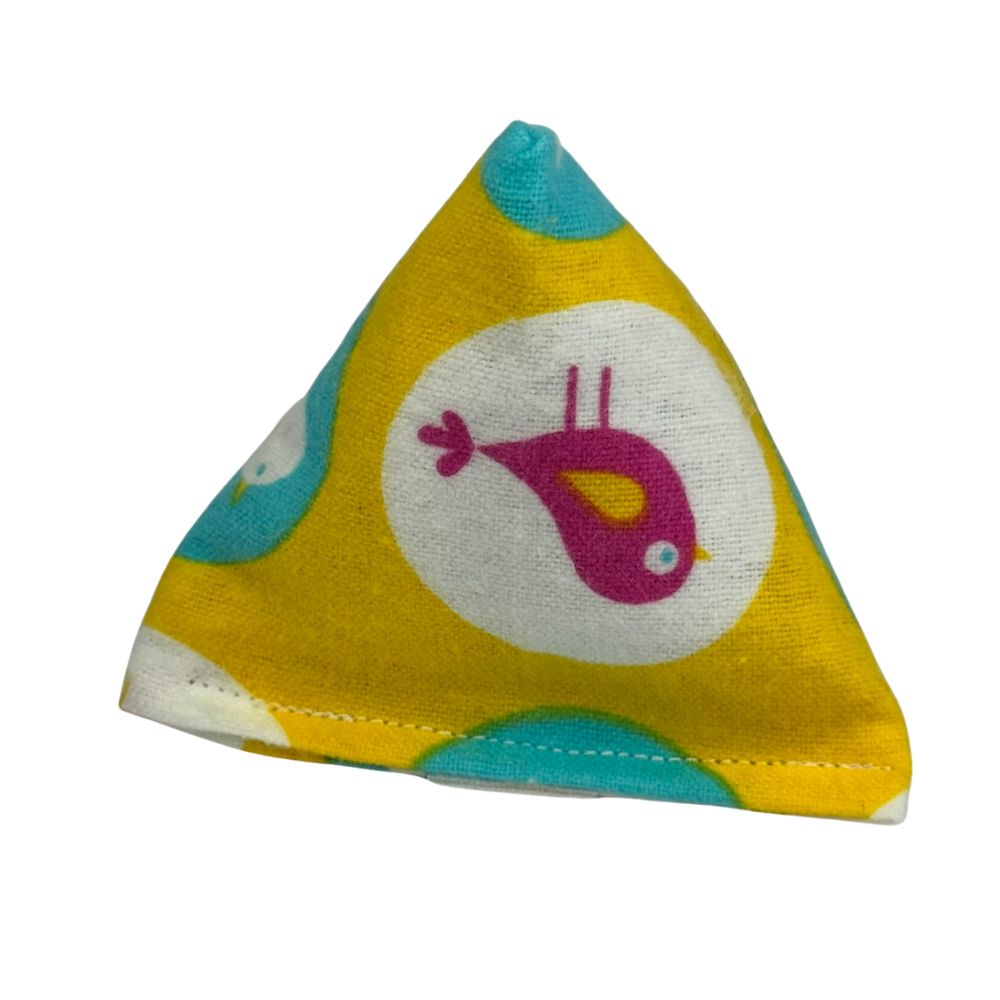 Bright yellow bird print pyramid catnip toy for energetic kittens and indoor cats