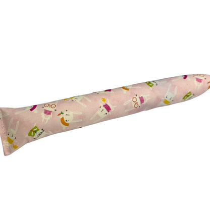 Pink bunny print long kicker cat toy with catnip built for wrestling, grabbing, and kicking play