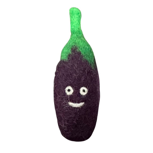 Eggplant-shaped wool cat toy with a deep purple body and green stem, sprayed with aromatic catnip and designed for batting, pinning, and solo play. Made by CatnipTakeout.