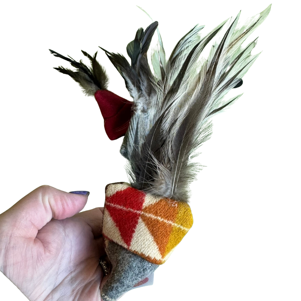 Hand holding a cat toy with feathers and geometric pattern on a white background