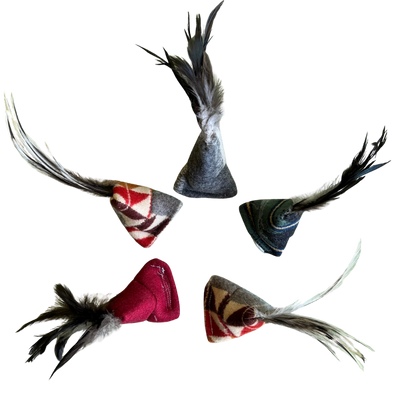 Five feathered cat toys with different color patterns on a white background