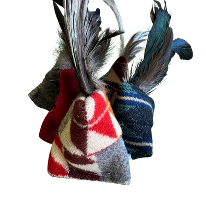 Two colorful cat toys with feathers on a white background
