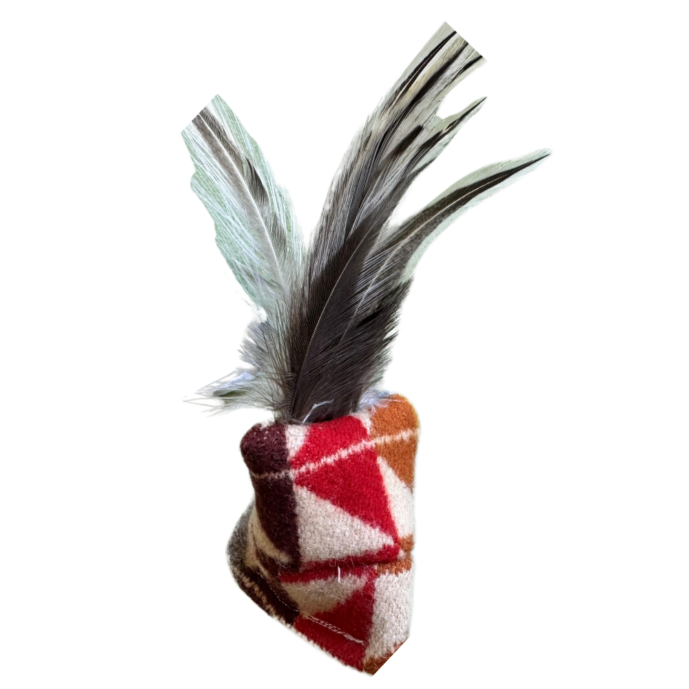 Feather cat toy with catnip and upcycled wool body with long natural feathers for interactive cat play.