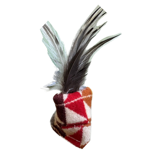 Feather cat toy with catnip and upcycled wool body with long natural feathers for interactive cat play.
