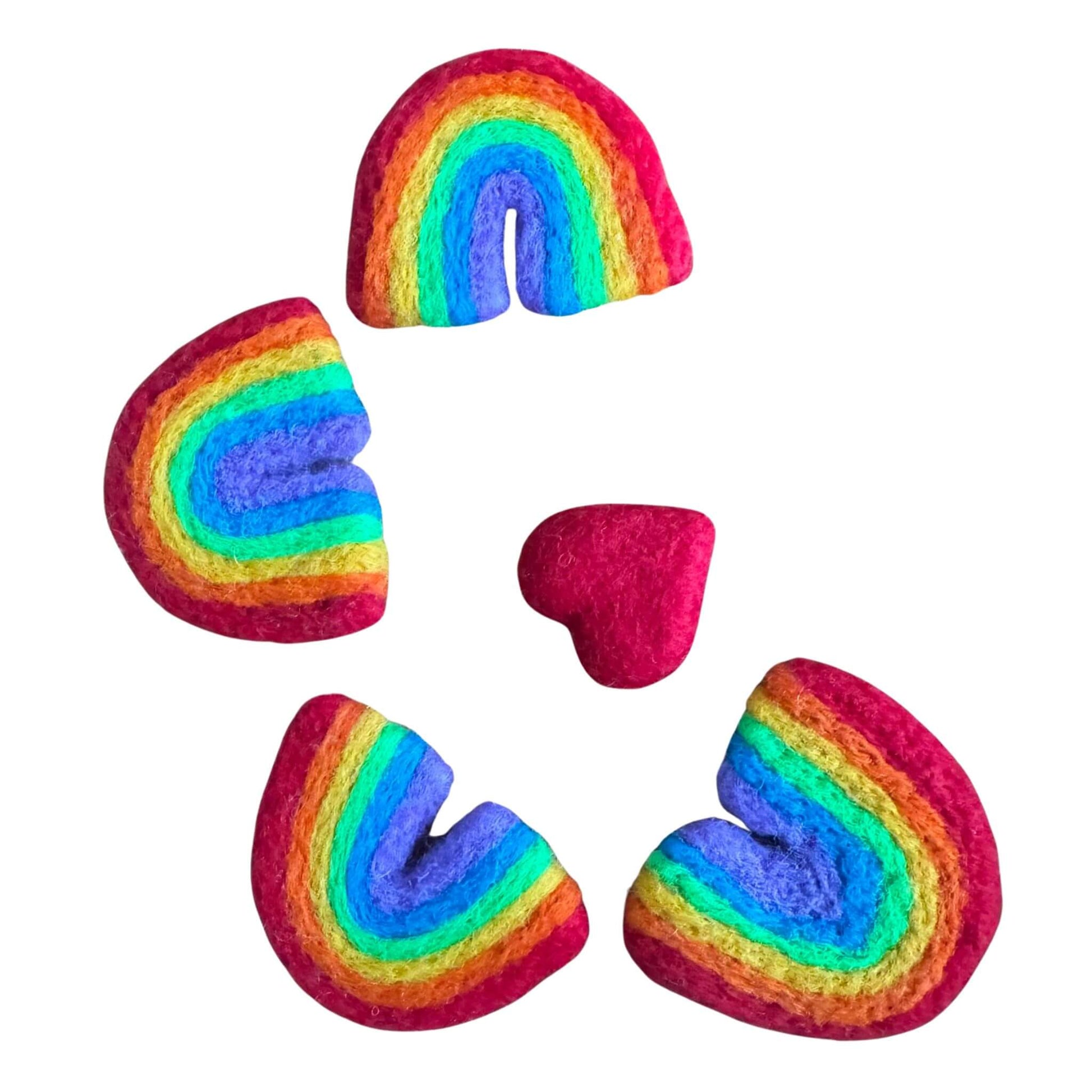 Mix of felt catnip toys including red hearts, rainbow hearts, and rainbows for cats