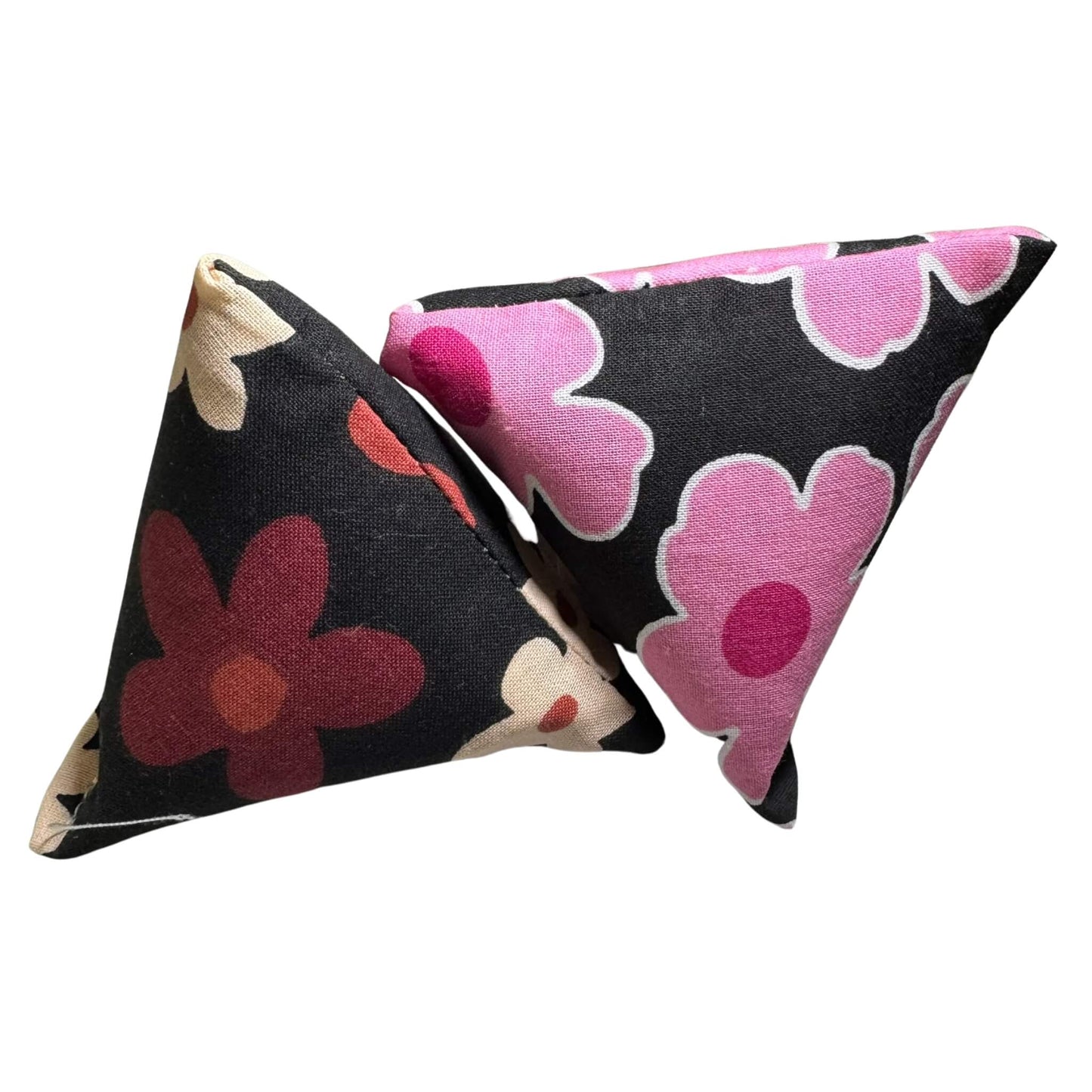 Floral spring Happy Sack Cat Toys in black fabric with pink and beige flowers, filled with premium catnip. Made by CatnipTakeout.