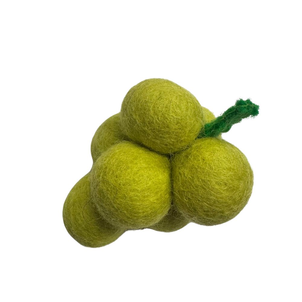 Handmade green wool grapes cat toy cluster sprayed with premium catnip for chase and bunny kick play.