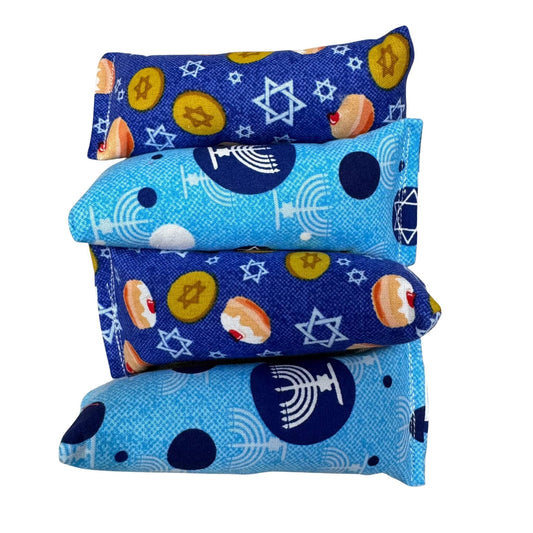 Hanukkah mini kicker cat toy with blue fabric featuring menorahs, gelt, dreidels, and sufganiyot. Made by CatnipTakeout.