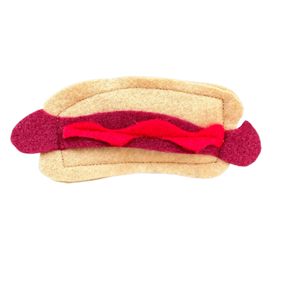 hot dog cat toy with ketchup filled with catnip for bunny kicks, tossing, and chasing