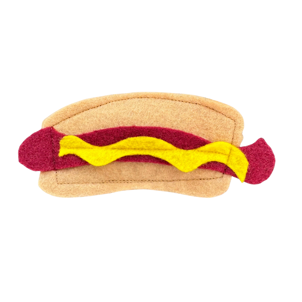 hot dog cat toy with mustard filled with catnip for swatting, tossing, and interactive play