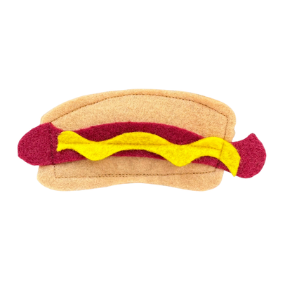 hot dog cat toy with mustard filled with catnip for swatting, tossing, and interactive play