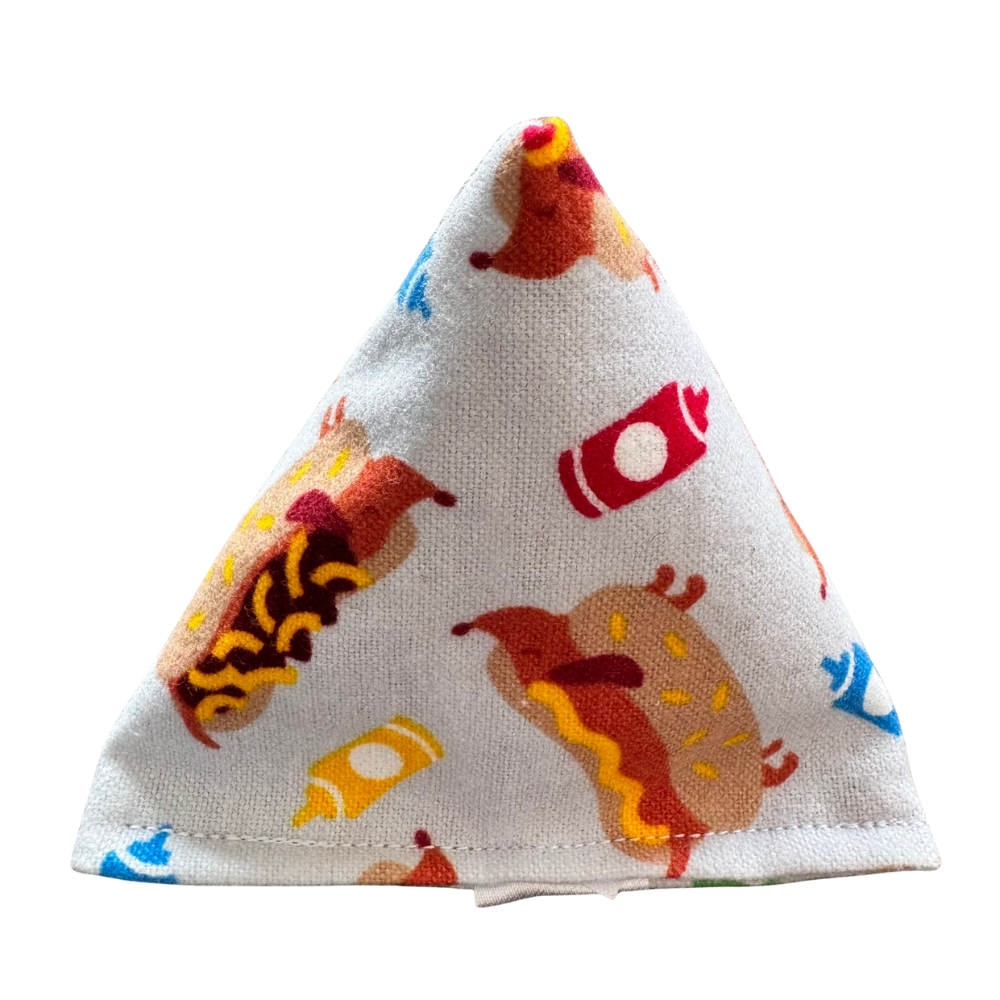 Hot dog themed catnip toy for cats with mustard, ketchup, and backyard BBQ inspired foodie art