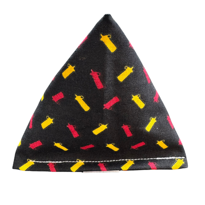 Black catnip toy for cats with red and yellow ketchup bottle pattern for batting, tossing, and playful zoomies.