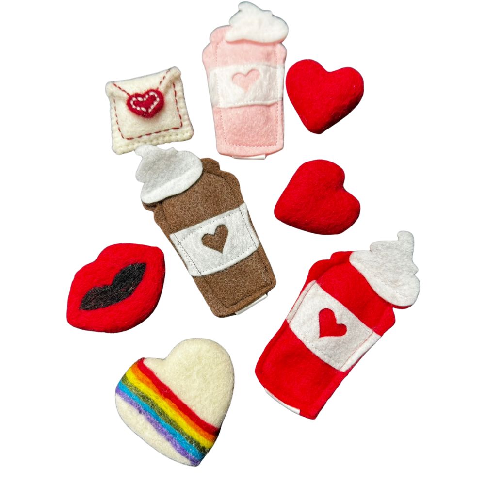 Group photo of handmade felt latte cat toys in red, pink, and classic coffee brown with heart details, filled with premium catnip. Made by CatnipTakeout.