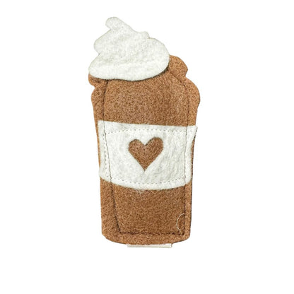 Single handmade pink felt latte cat toy shown upright with stitched heart and whipped cream top, filled with premium catnip. Made by CatnipTakeout.