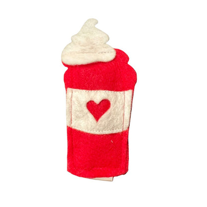 Single handmade red felt latte cat toy shown upright with heart sleeve detail, filled with premium catnip. Made by CatnipTakeout.
