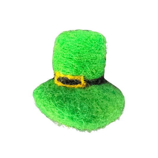 Green felted wool leprechaun hat cat toy with black band and gold buckle on white background