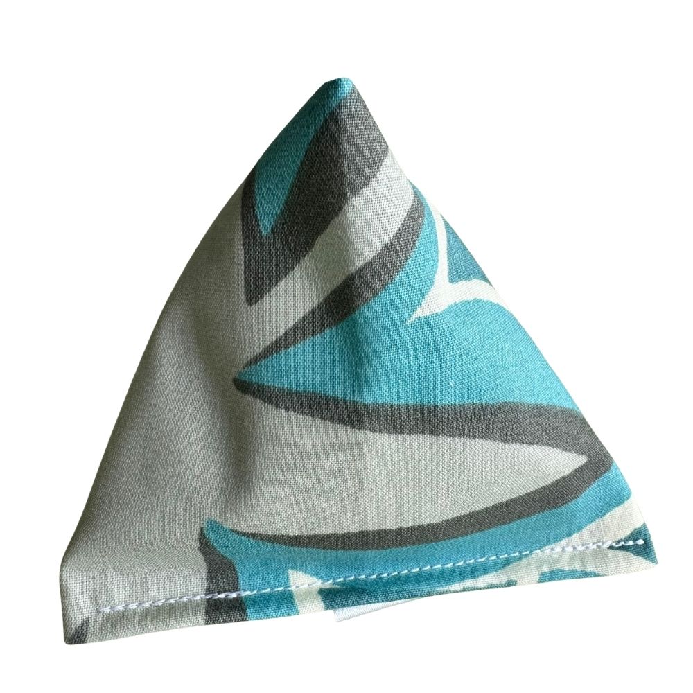 Maui Vibes Aqua Lagoon Happy Sack cat toy in aqua, gray, and cream retro plumeria fabric for cats who enjoy batting, pouncing, and chasing.