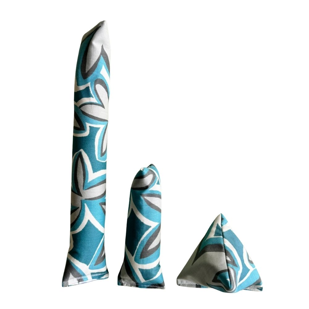 Maui Vibes Aqua Lagoon print cat toys shown as Kicker, Mini Kicker, and Happy Sack in aqua, gray, and cream retro plumeria fabric.