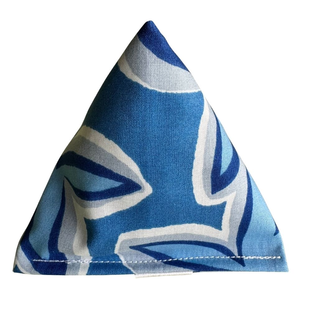 Maui Vibes Blue Breeze Happy Sack cat toy in light blue, navy, and white retro plumeria fabric for cats who love batting and pouncing.