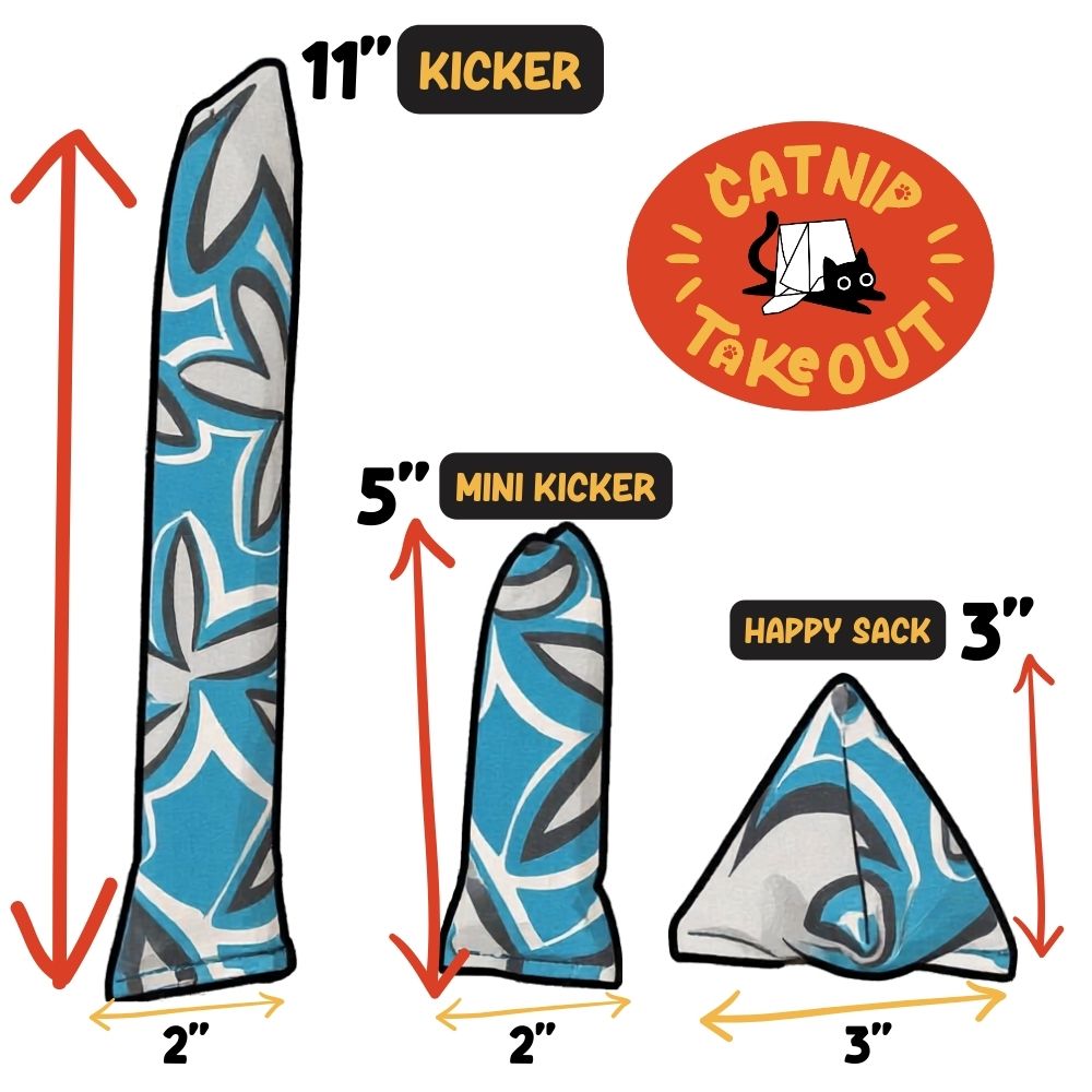 Size chart showing Maui Vibes cat toy styles with dimensions for the 11 inch Kicker, 5 inch Mini Kicker, and 3 inch Happy Sack.
