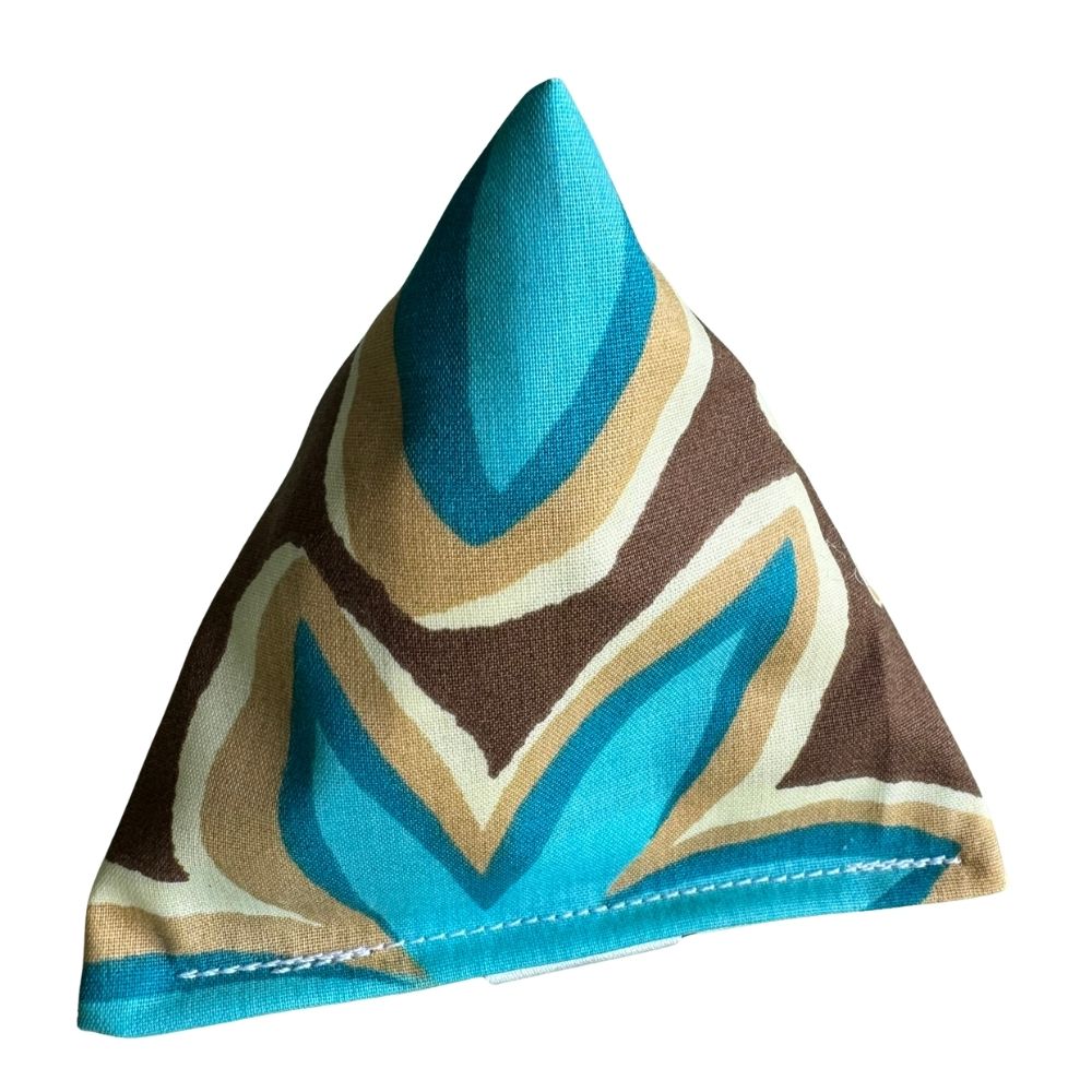 Maui Vibes Island Sand Happy Sack cat toy in turquoise, tan, and brown retro plumeria fabric for batting, pouncing, and interactive cat play