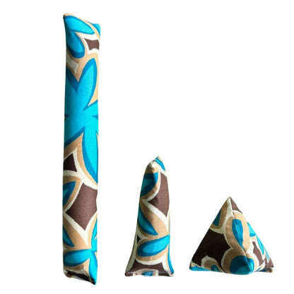 Maui Vibes Island Sand print cat toys shown as Kicker, Mini Kicker, and Happy Sack in turquoise, tan, and brown retro plumeria fabric.