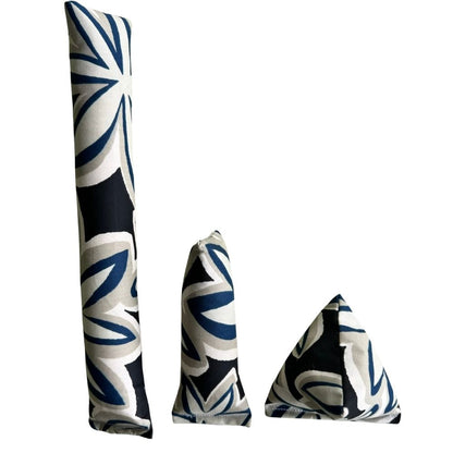 Maui Vibes Midnight Plumeria print cat toys shown as Kicker, Mini Kicker, and Happy Sack in black, cream, and blue retro floral fabric.