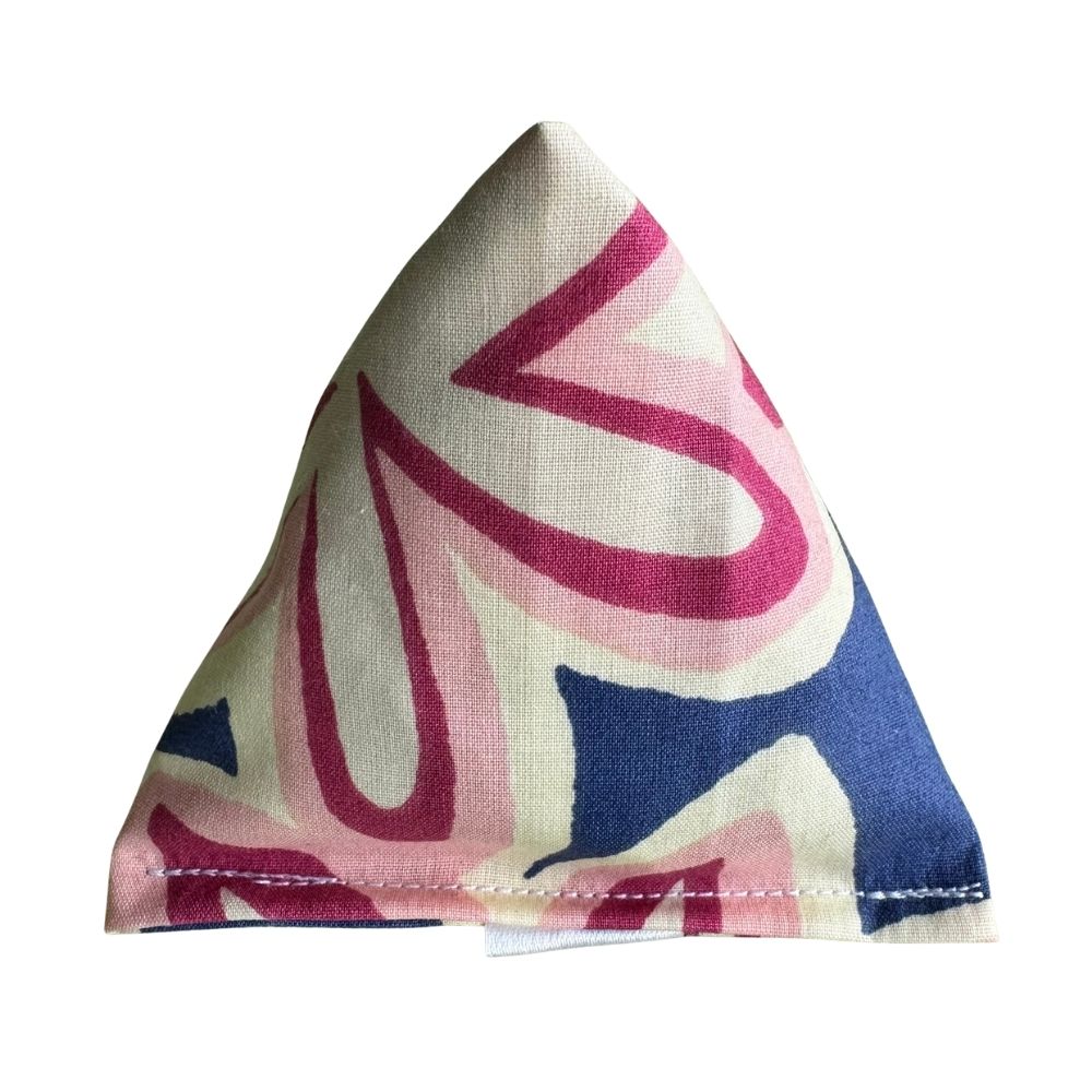 Maui Vibes Navy Orchid Happy Sack cat toy in cream, navy, and pink retro plumeria fabric for premium catnip play, batting, and pouncing.