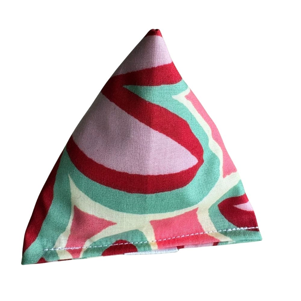 Maui Vibes Pink Hibiscus Happy Sack cat toy in pink, mint, and red retro plumeria fabric for bored cats who love to bat and pounce.