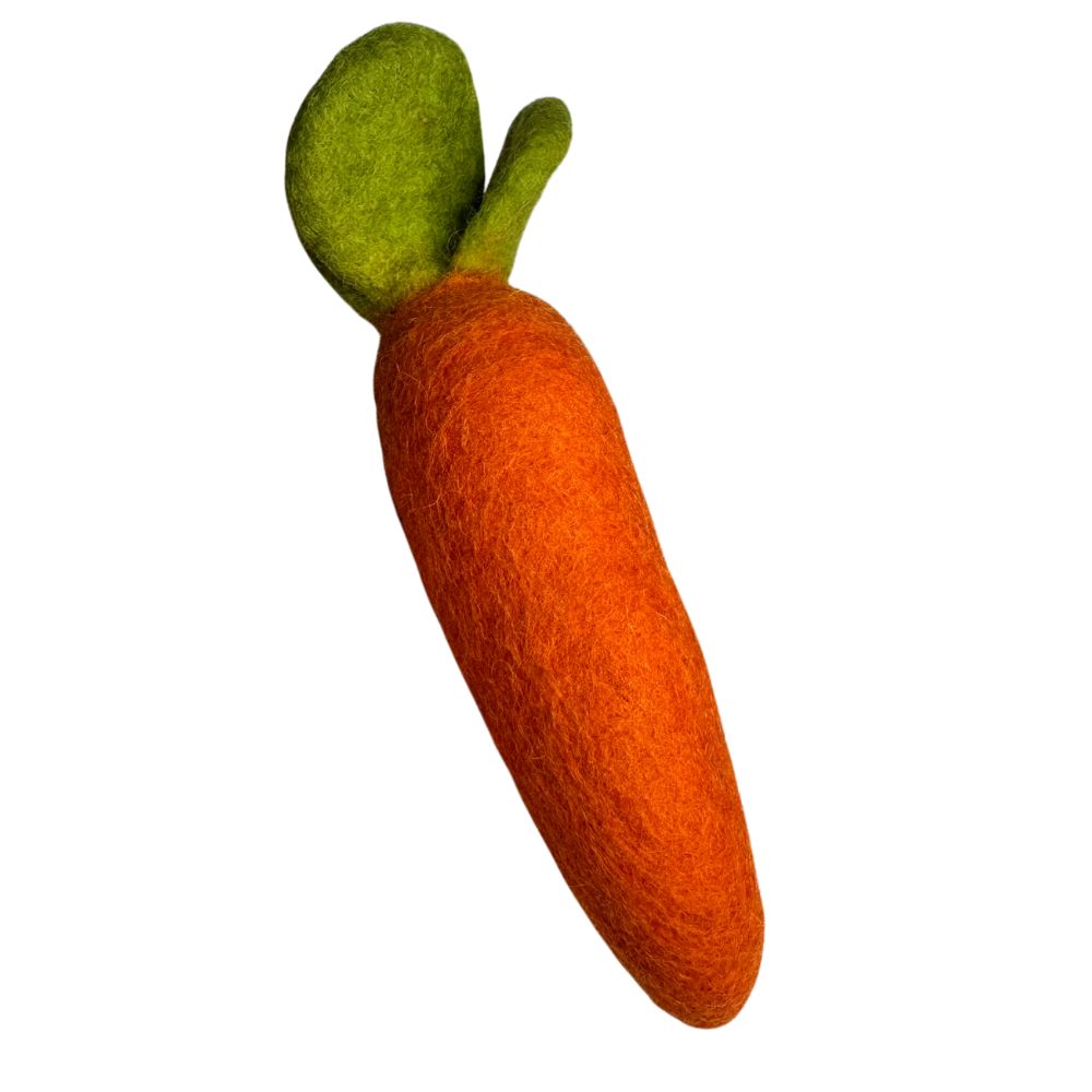 Medium wool orange carrot cat toy with green leaves sprayed with catnip spray