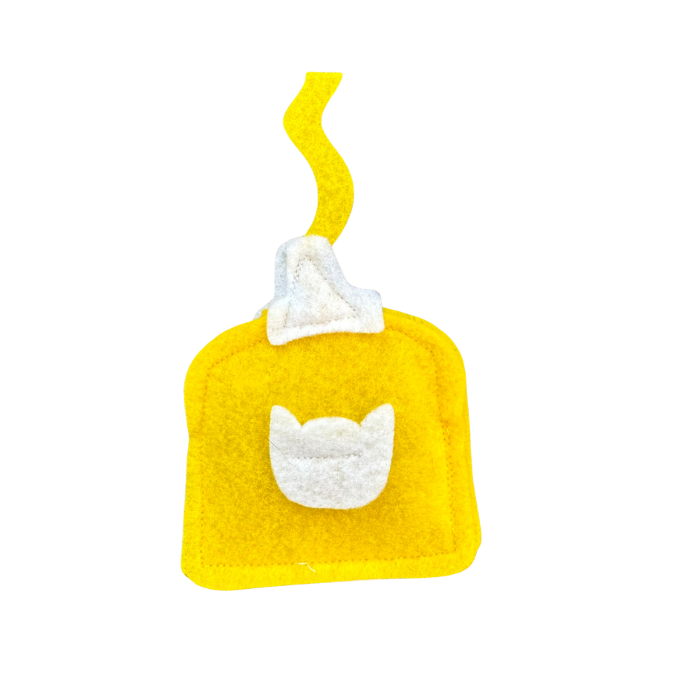 Yellow mustard bottle felt cat toy filled with catnip for batting, chasing, and playful zoomies