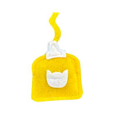Yellow mustard bottle felt cat toy filled with catnip for batting, chasing, and playful zoomies