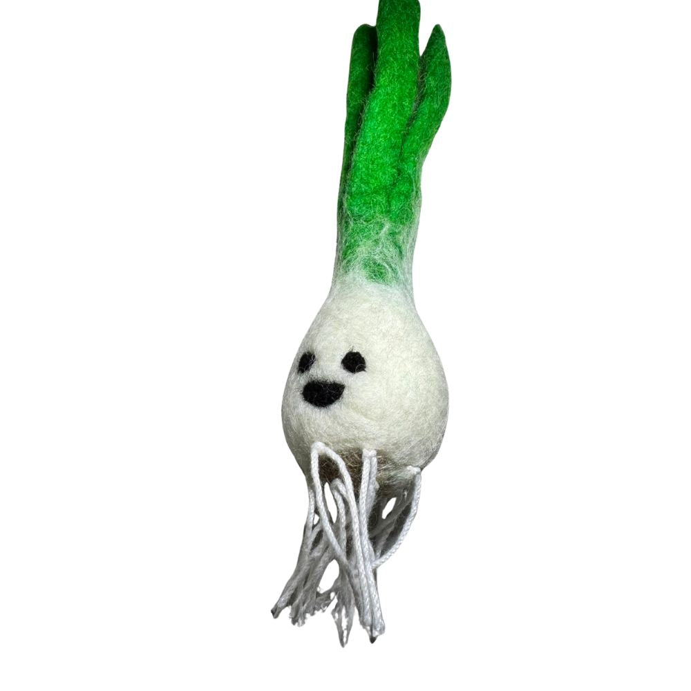 Green onion shaped wool cat toy with a long white bulb, green stalks, and dangling root details, sprayed with aromatic catnip for chasing and interactive play. Made by CatnipTakeout.