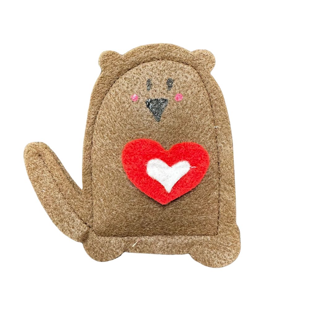 Handmade otter cat toy filled with premium catnip, brown felt otter with red heart detail, compact size for batting and carrying. Made by CatnipTakeout.
