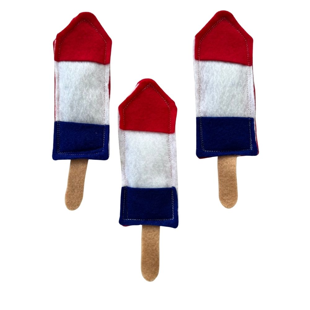 Classic Patriotic Rocket Pop cat toy filled with premium catnip in red, white, and blue.
