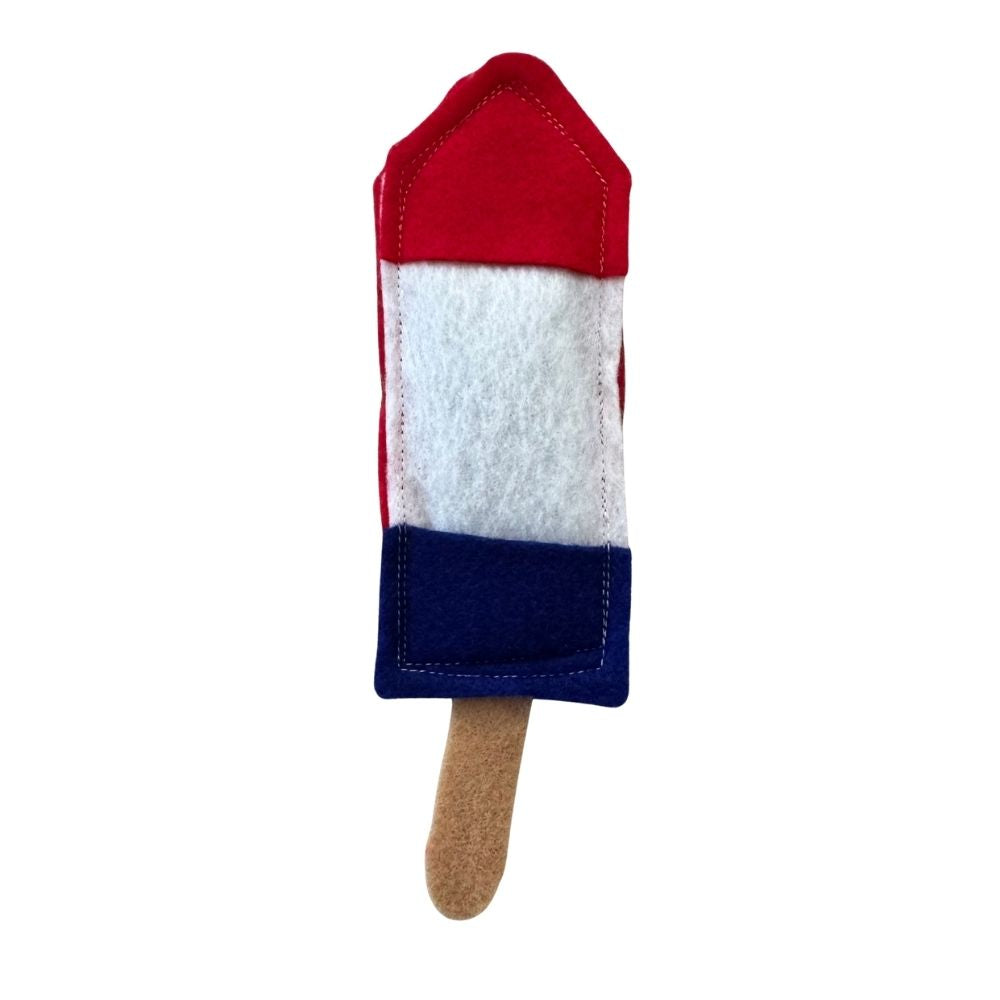 Classic Patriotic Rocket Pop cat toy filled with premium catnip in red, white, and blue.