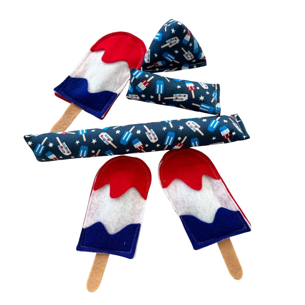 Drip Patriotic Rocket Pop cat toy filled with premium catnip in red, white, and blue.