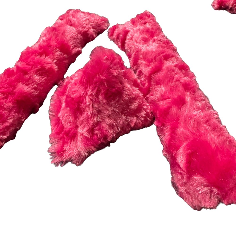 Group photo showing one bright pink minky Happy Sack and one bright pink minky kicker cat toy together, plush texture, filled with signature premium catnip. Made by CatnipTakeout.